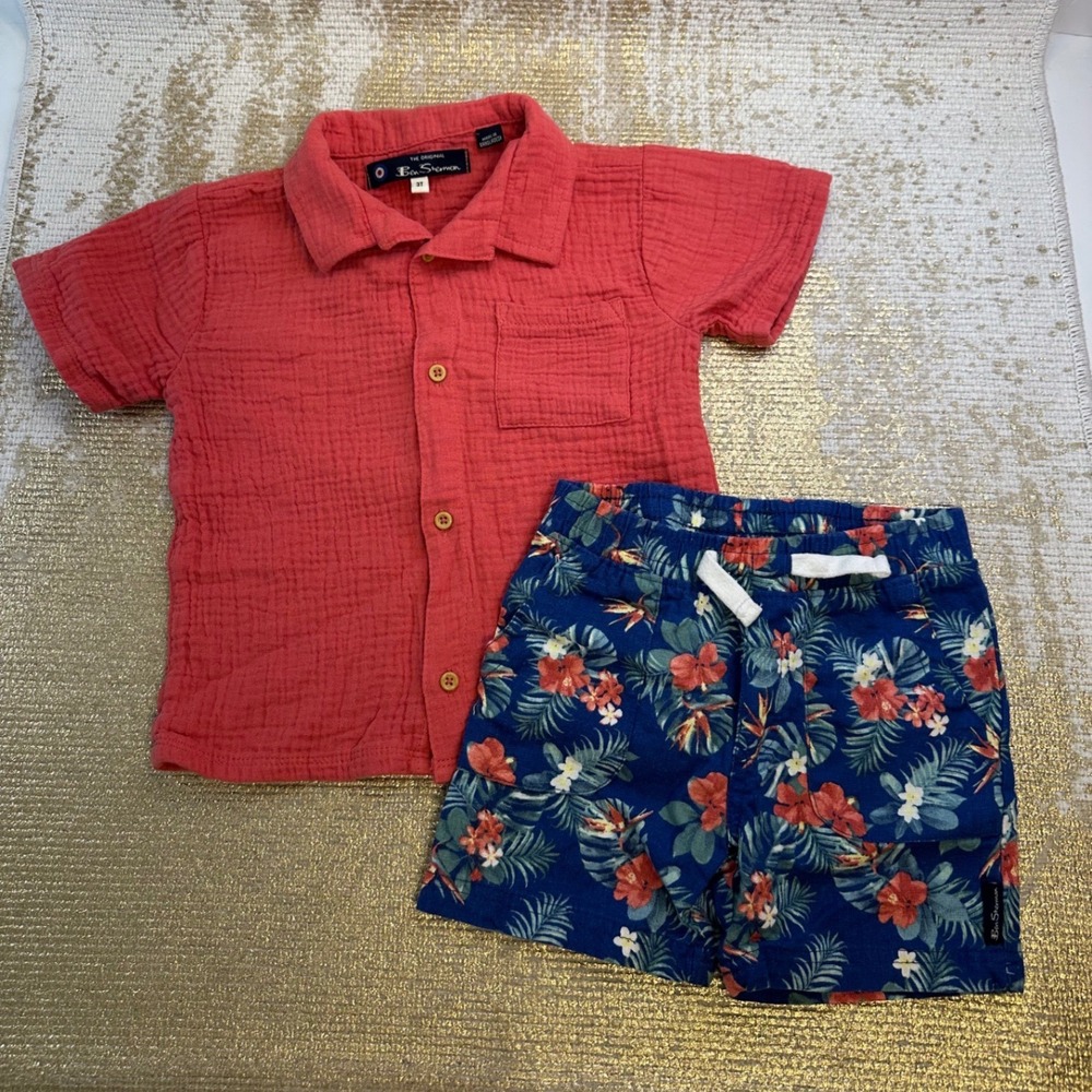 BEN SHERMAN Boys Matching Tropical Vacation Shorts Outfit 2-Piece Set | 3T